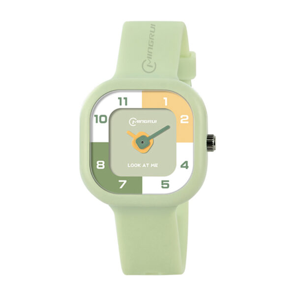 Light Green Cartoon Analog Watch for Kids – Waterproof with Alarm | Colorful Dial & Soft Strap