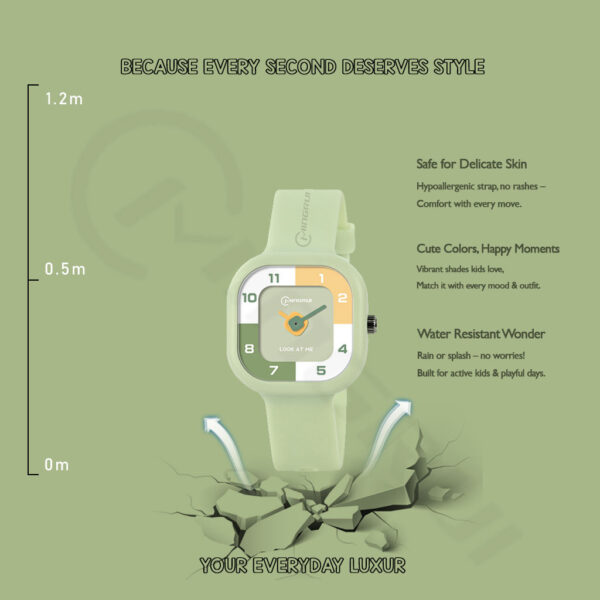 Light Green Cartoon Analog Watch for Kids – Waterproof with Alarm | Colorful Dial & Soft Strap - Image 3