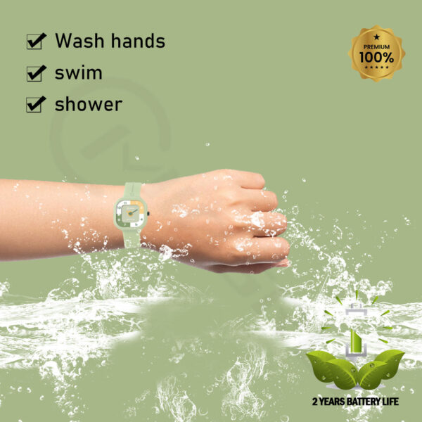 Light Green Cartoon Analog Watch for Kids – Waterproof with Alarm | Colorful Dial & Soft Strap - Image 4
