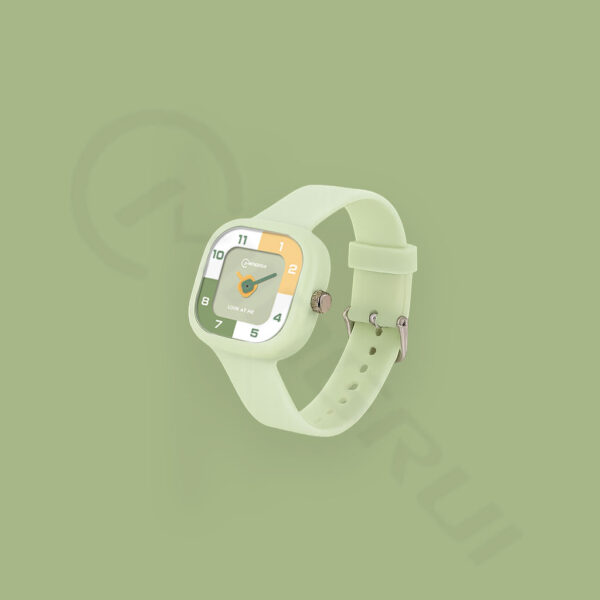 Light Green Cartoon Analog Watch for Kids – Waterproof with Alarm | Colorful Dial & Soft Strap - Image 2