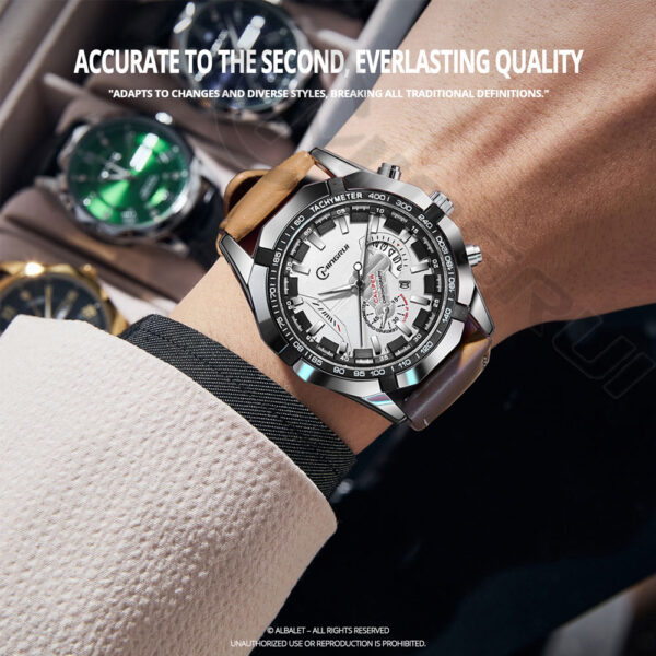 Albalet Men's Luxury Quartz Analog Watch with Leather Strap, Day/Date Display – White Dial, 3BAR Water Resistant (2025 Model) - Image 9