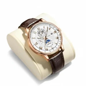 Albalet Luxury Men’s Dress & Sport Quartz Watch – Brown Case, White Dial, Black Leather Strap, Moon Phase, Date/Day Display, 3ATM Waterproof