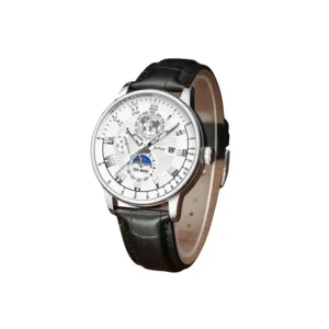 Albalet Luxury Men’s Dress & Sport Quartz Watch – Silver Case, White Dial, Black Leather Strap, Moon Phase, Date/Day Display, 3ATM Waterproof