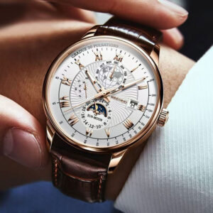 Albalet Luxury Men's Dress Watch, Silver Case with White Dial, Black Leather Band, Moon Phase Display, Roman Numerals, Date Window Men's Sport Quartz Watch – Leather Strap, Multi-Function Dial, Waterproof (3ATM), Day/Date Display – 2025 Edition