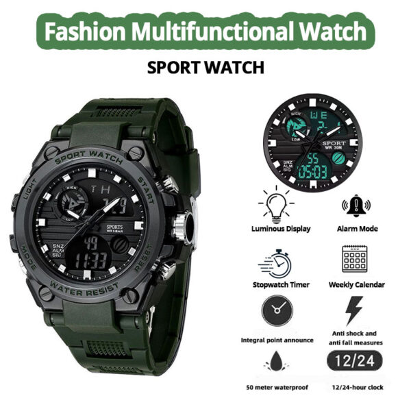 Albalet Men’s Digital-Analog Sport Watch – Green Rubber Strap, 5ATM Water Resistant, Day/Date, Luminous Display, Dual Time - Image 2