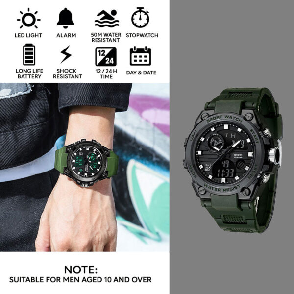 Albalet Men’s Digital-Analog Sport Watch – Green Rubber Strap, 5ATM Water Resistant, Day/Date, Luminous Display, Dual Time - Image 10