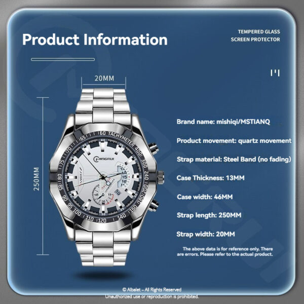 Mingrui Men's Luxury Sports Watch, Silver Stainless Steel Band, Blue Dial, Chronograph Tachymeter, Analog Display Date Display for Man's - Image 5