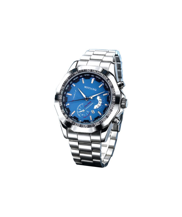 Mingrui Men's Luxury Sports Watch, Silver Stainless Steel Band, Blue Dial, Chronograph Tachymeter, Analog Display Date Display for Man's