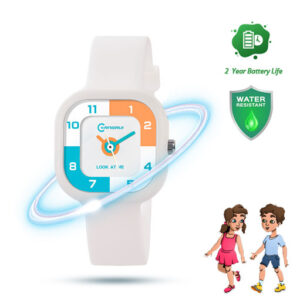 White Cartoon Analog Watch for Kids – Waterproof with Alarm | Colorful Dial & Soft Strap