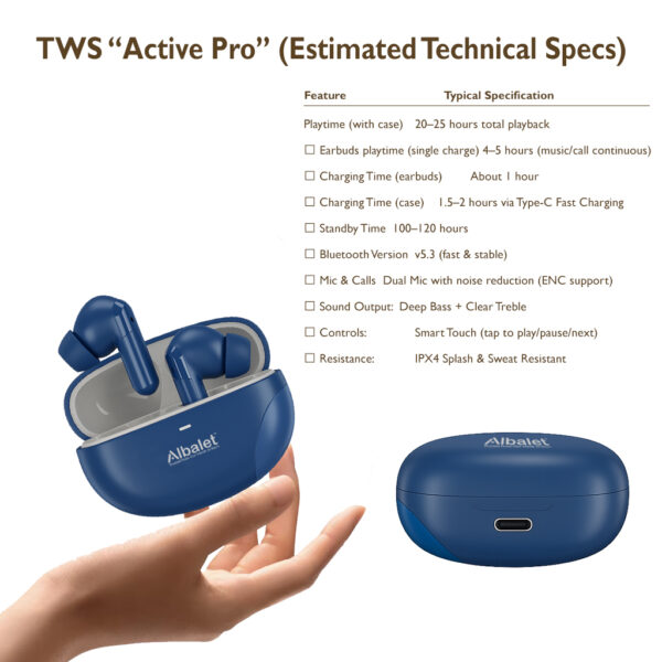 Active Pro True Wireless Earbuds (Blue) | Deep Bass, Type-C Fast Charging, 25H Playtime - Image 6